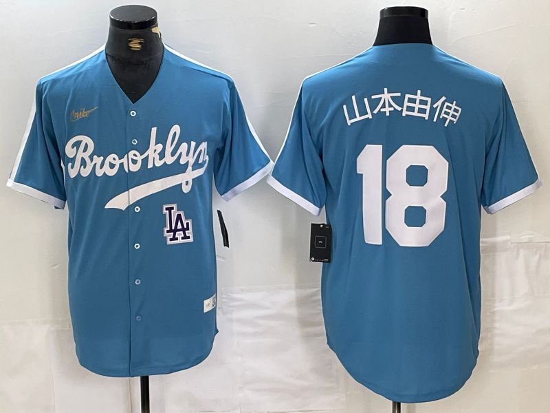 Men Los Angeles Dodgers 18 Yamamoto Light blue Throwback 2024 Nike MLB Jersey style 4